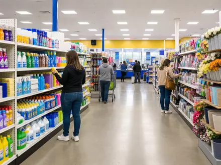 Dollar Tree Inc. Filiale mit bunten Produktregalen und einkaufenden Kunden im Einzelhandel US2567461080 - Foto: THN