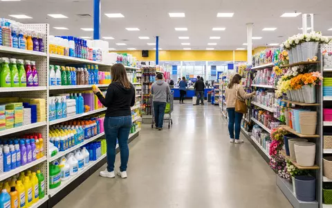 Dollar Tree Inc. Filiale mit bunten Produktregalen und einkaufenden Kunden im Einzelhandel US2567461080 - Foto: THN