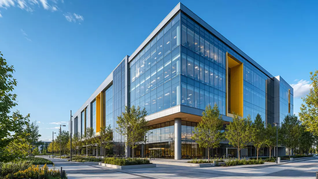 Architektur-Render eines modernen Unternehmensgebäudes mit Glasfassade