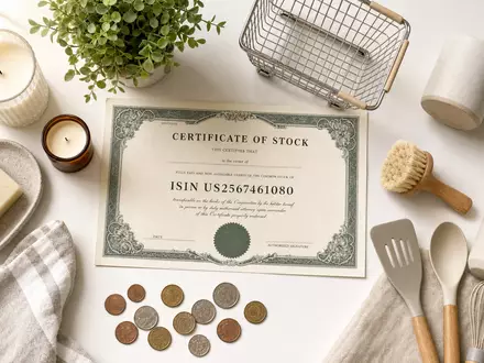 Dollar Tree Inc. Flatlay zeigt ein Aktienzertifikat mit ISIN US2567461080 und Haushaltsprodukten - Foto: THN