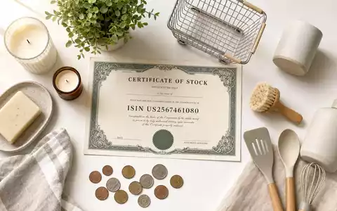 Dollar Tree Inc. Flatlay zeigt ein Aktienzertifikat mit ISIN US2567461080 und Haushaltsprodukten - Foto: THN