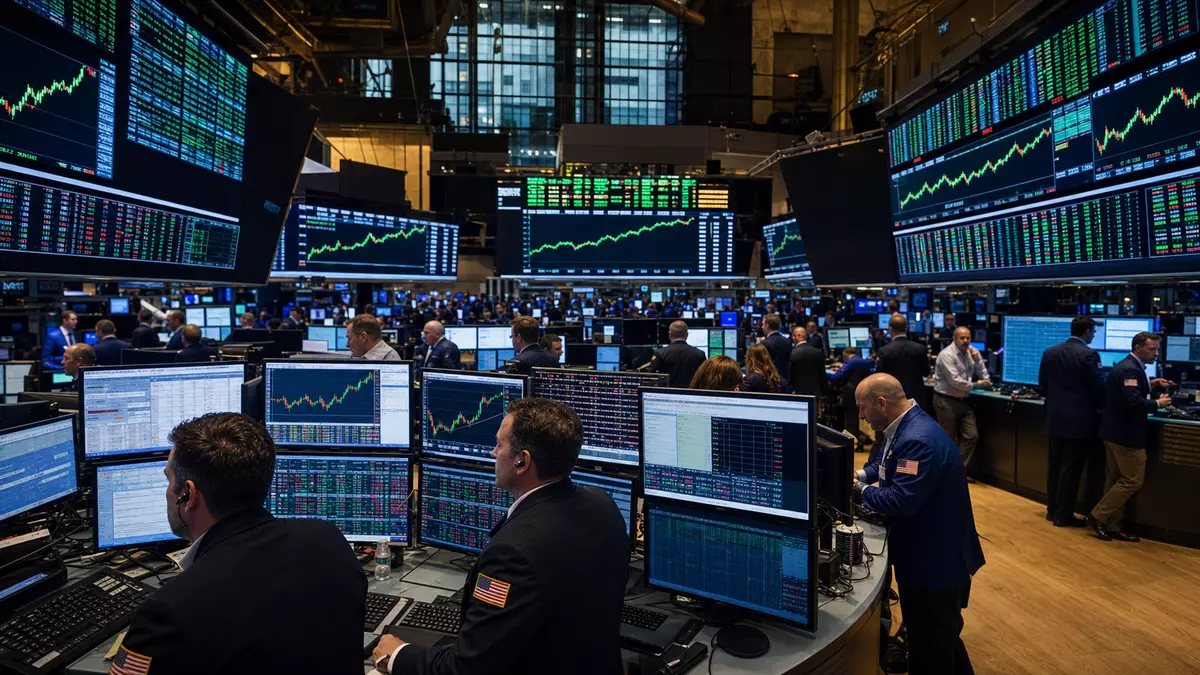 Börsen-Editorial des NYSE-Handelssaals mit Händlern und Einzelhandels-Kursdiagrammen