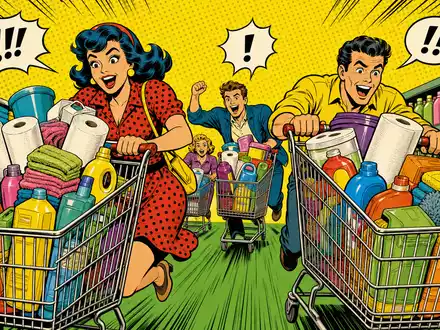 Dollar Tree Inc. Pop Art Comic mit aufgeregten Kaeufer und vollen Einkaufswagen im Discount US2567461080 - Foto: THN
