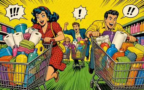 Dollar Tree Inc. Pop Art Comic mit aufgeregten Kaeufer und vollen Einkaufswagen im Discount US2567461080 - Foto: THN