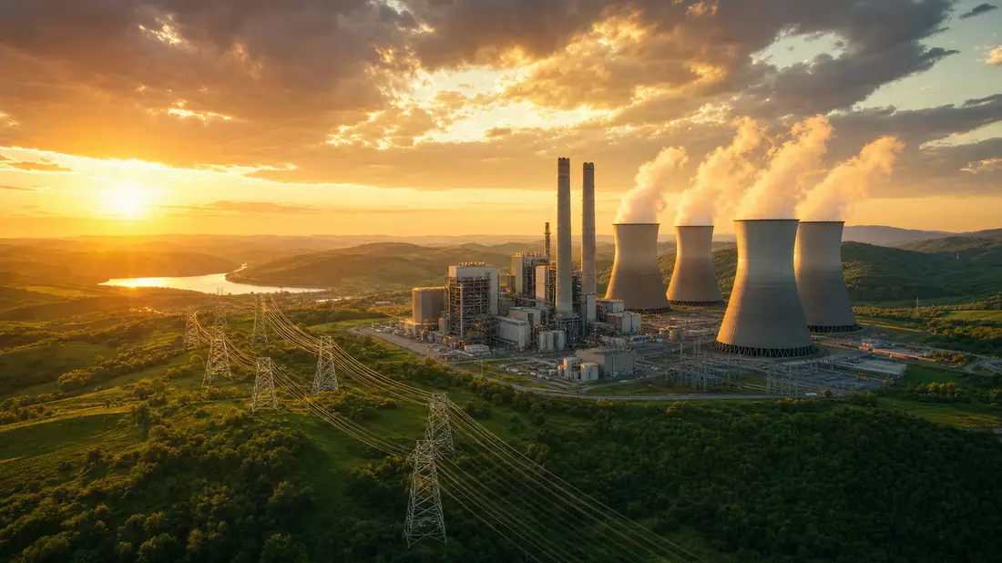 Fotorealistisches Luftbild eines Energiekraftwerks mit Kühltürmen bei Sonnenuntergang