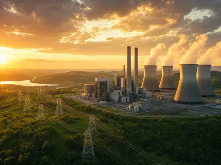 Dominion Energy Kraftwerk mit Kühltürmen und Hochspannungsmasten in grüner Hügellandschaft bei Sonnenuntergang US25746U1097 - Foto: THN