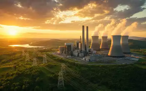 Dominion Energy Kraftwerk mit Kühltürmen und Hochspannungsmasten in grüner Hügellandschaft bei Sonnenuntergang US25746U1097 - Foto: THN