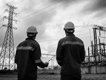 Dominion Energy Ingenieure inspizieren Hochspannungsanlage und Umspannwerk in dramatischem dokumentarischem Schwarzweiß US25746U1097 - Foto: THN