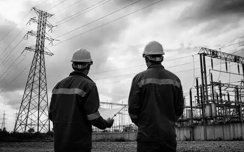 Dominion Energy Ingenieure inspizieren Hochspannungsanlage und Umspannwerk in dramatischem dokumentarischem Schwarzweiß US25746U1097 - Foto: THN