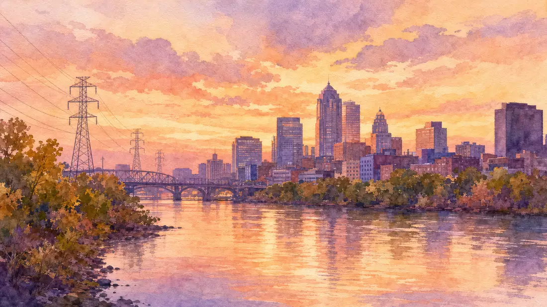 Aquarellmalerei einer amerikanischen Stadtsilhouette mit Fluss und Energiepylonen bei Sonnenuntergang