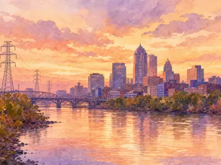Dominion Energy amerikanische Stadtsilhouette mit Fluss und Stromleitungen in warmem Aquarell US25746U1097 - Foto: THN