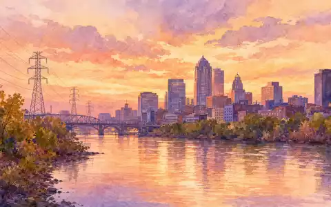 Dominion Energy amerikanische Stadtsilhouette mit Fluss und Stromleitungen in warmem Aquarell US25746U1097 - Foto: THN