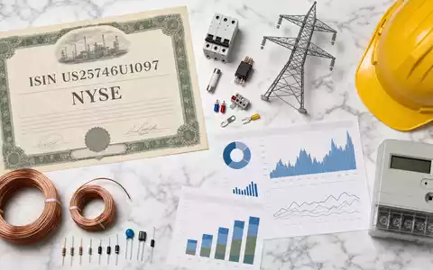 Dominion Energy Aktienzertifikat ISIN US25746U1097 mit Kupferdrähten Schutzhelm Strommasten und NYSE Energiediagrammen auf Marmor - Foto: THN