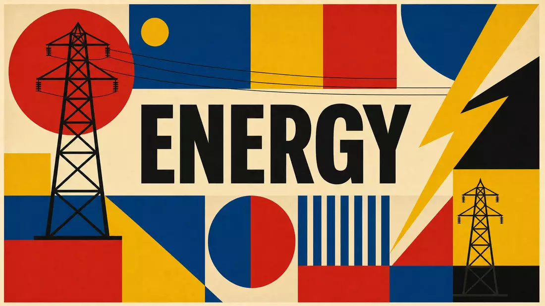 Geometrisches Bauhaus-Poster in Primärfarben mit Pylonen und dem Text ENERGY