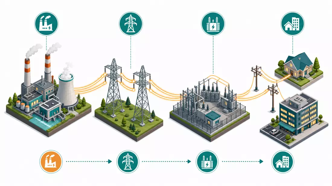 Isometrische 3D-Illustration der Energieversorgungskette von Kraftwerk über Netz bis Verbraucher