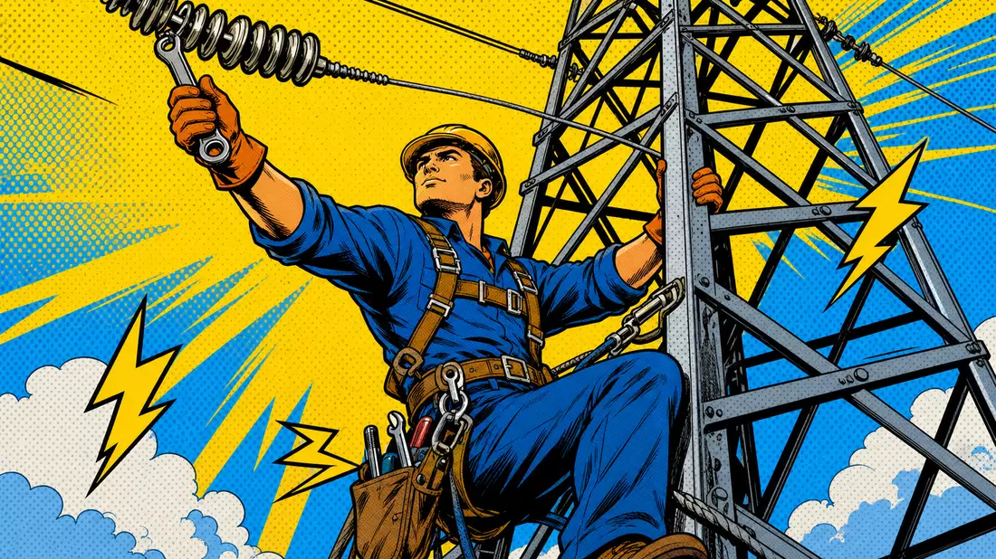 Farbiger Pop-Art-Comic eines Monteurs am Strommast mit Blitzen vor Halbton-Hintergrund