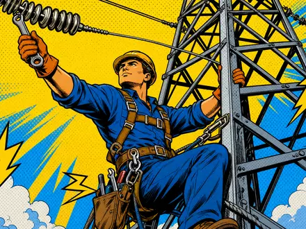 Dominion Energy Pop-Art-Comic Elektriker heldenhaft am Strommast mit Blitzen und Halbton-Punkten auf blaugelbem Himmel US25746U1097 - Foto: THN