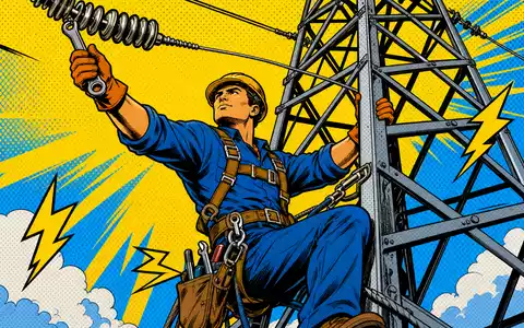 Dominion Energy Pop-Art-Comic Elektriker heldenhaft am Strommast mit Blitzen und Halbton-Punkten auf blaugelbem Himmel US25746U1097 - Foto: THN