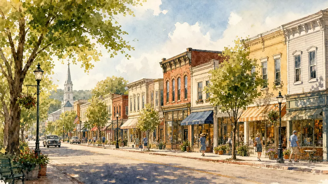 Aquarellmalerei einer amerikanischen Kleinstadtstraße mit Geschäften und Passanten
