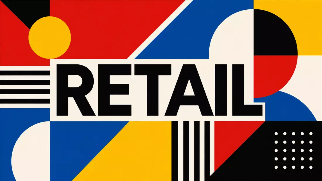 Bauhaus-Grafikposter mit geometrischen Formen, Primärfarben und dem Schriftzug RETAIL