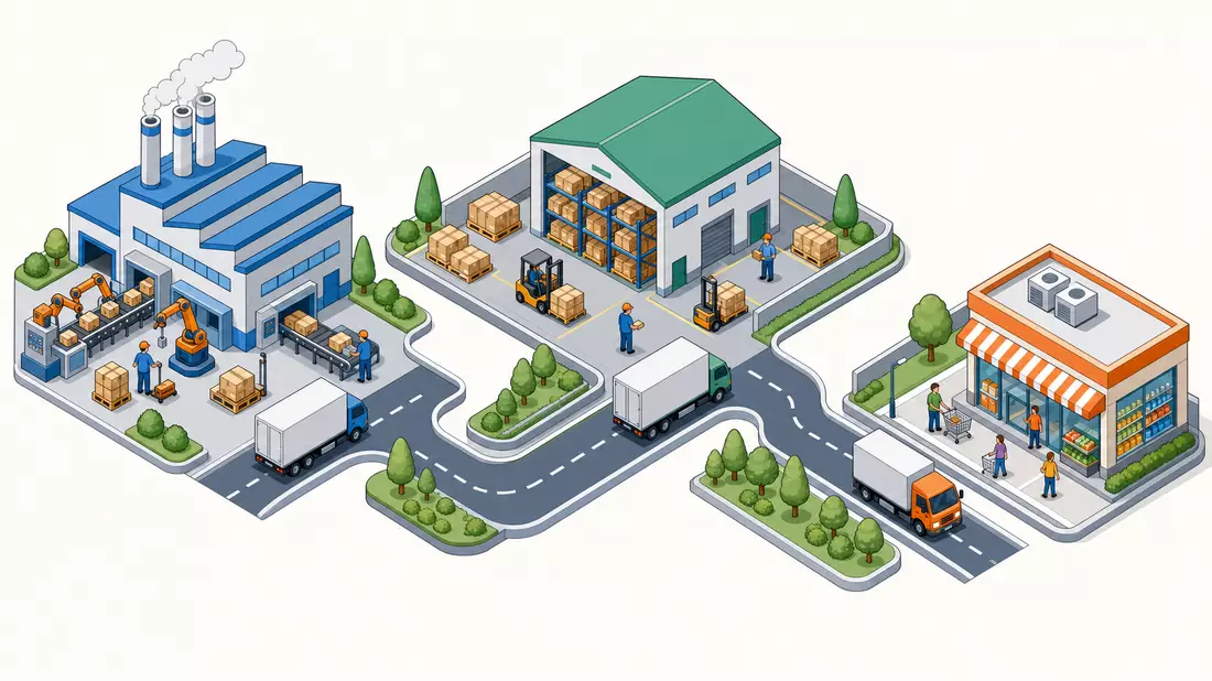 Isometrische 3D-Illustration der Lieferkette von Fabrik über Lager bis Einzelhandelsgeschäft
