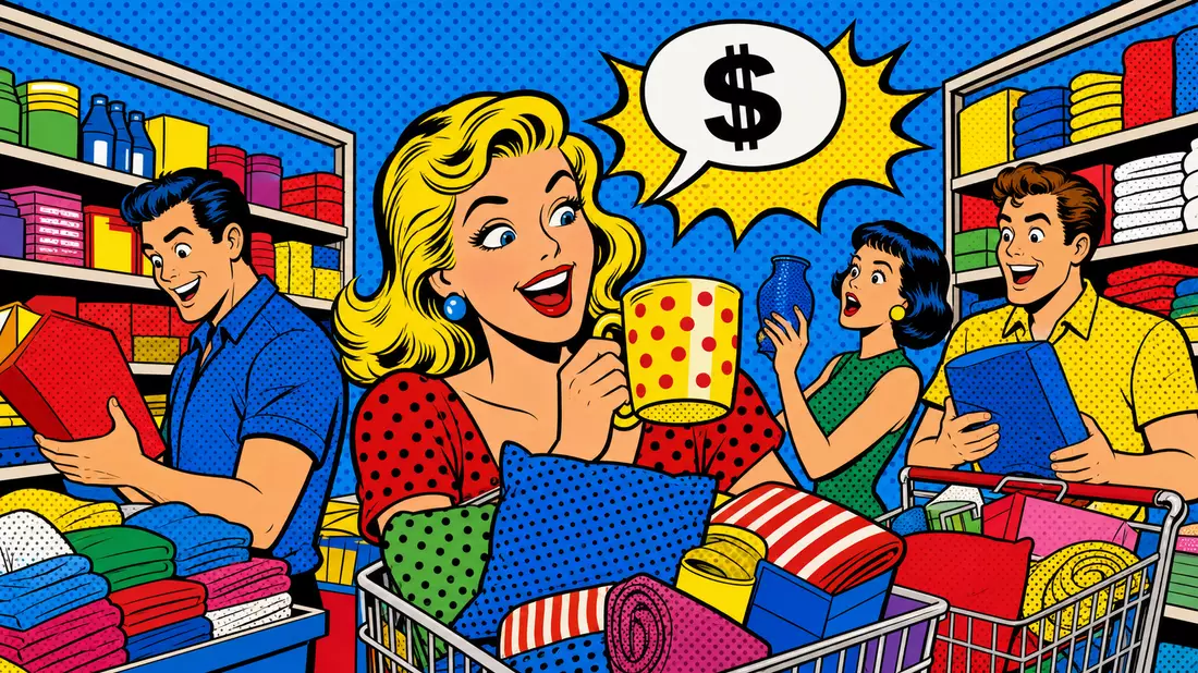 Buntes Pop-Art-Comic mit Cartoon-Kunden beim Einkaufen im Discountstore mit Sprechblase