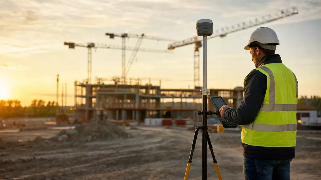 Vermesser mit GNSS-Empfänger auf Baustelle bei Sonnenuntergang, Kräne im Hintergrund