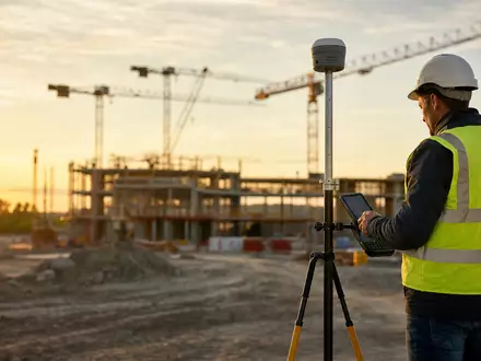 Trimble Inc. (US8962391058) zeigt Vermessungstechnik: Feldingenieur nutzt GNSS-Empfänger auf Baustelle bei Sonnenuntergang - Foto: THN