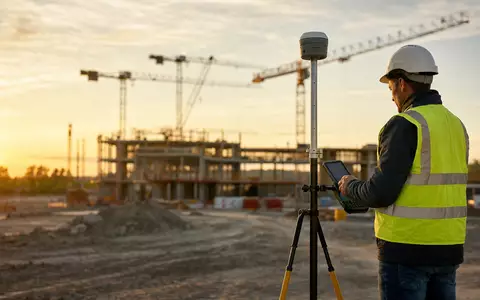 Trimble Inc. (US8962391058) zeigt Vermessungstechnik: Feldingenieur nutzt GNSS-Empfänger auf Baustelle bei Sonnenuntergang - Foto: THN