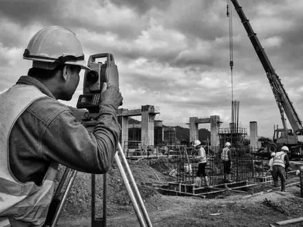 Trimble Inc. (US8962391058) dokumentiert Baubranche: Schwarzweiß-Reportagefoto eines Ingenieurs mit Tachymeter auf Infrastrukturbaustelle - Foto: THN