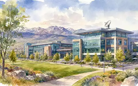 Trimble Inc. (US8962391058) im Aquarellstil: Technologiecampus mit Bergpanorama und Satellitenschüssel in Colorado dargestellt - Foto: THN