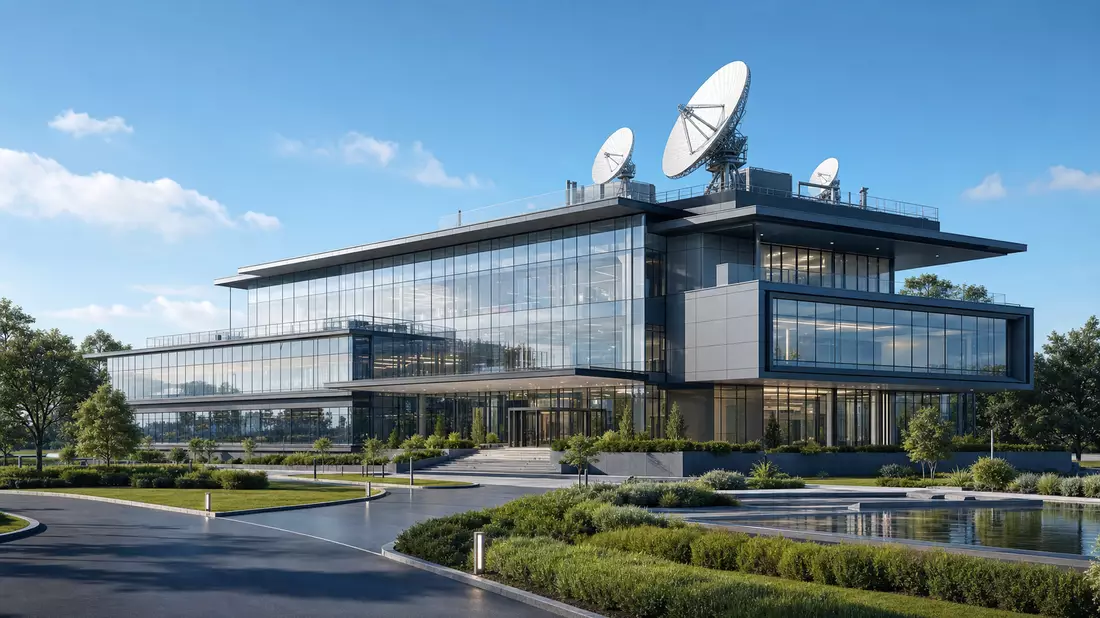 3D-Architekturvisualisierung eines Glas-Bürogebäudes mit Satellitenschüsseln auf dem Dach