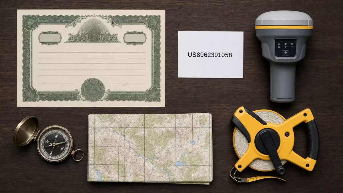 Flatlay mit Aktienzertifikat, ISIN-Karte US8962391058, GNSS-Gerät und Kompass