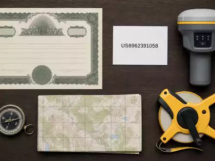 Trimble Inc. (US8962391058) als Flatlay: Aktienzertifikat, ISIN-Karte, GNSS-Empfänger und weitere Vermessungsutensilien ordentlich arrangiert - Foto: THN