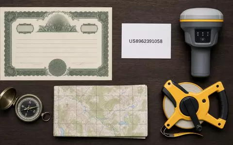 Trimble Inc. (US8962391058) als Flatlay: Aktienzertifikat, ISIN-Karte, GNSS-Empfänger und weitere Vermessungsutensilien ordentlich arrangiert - Foto: THN