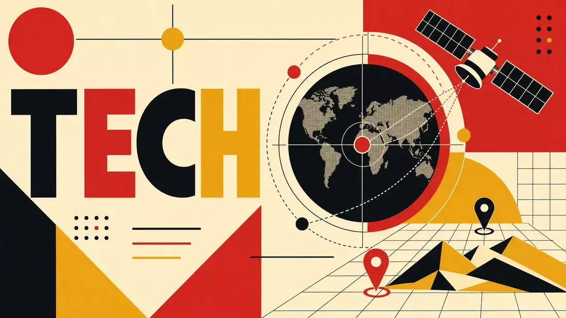 Bauhaus-Poster mit geometrischen Formen, Satellit, Weltkarte und Schriftzug TECH