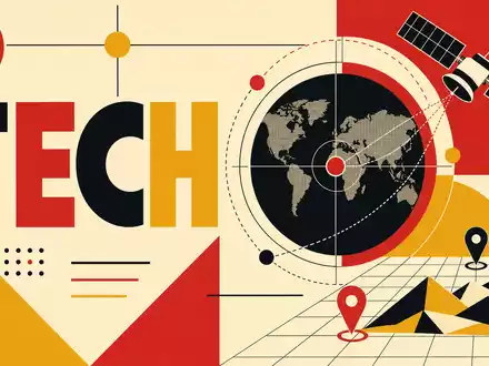 Trimble Inc. (US8962391058) als Bauhaus-Poster: geometrische Formen, Satellit und Weltkarte symbolisieren Geodäsie-Technologie - Foto: THN
