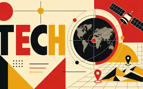 Trimble Inc. (US8962391058) als Bauhaus-Poster: geometrische Formen, Satellit und Weltkarte symbolisieren Geodäsie-Technologie - Foto: THN