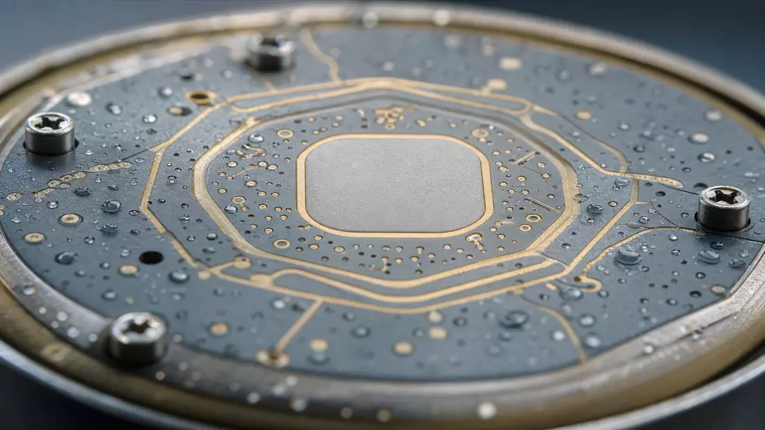 Makroaufnahme einer GNSS-Antenne mit metallischen Schaltkreismustern und Tautropfen