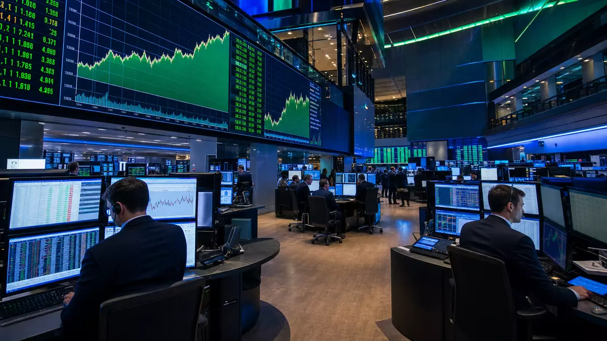 NASDAQ-Handelssaal mit großen Bildschirmen, Kurscharts und Händlern an Computern