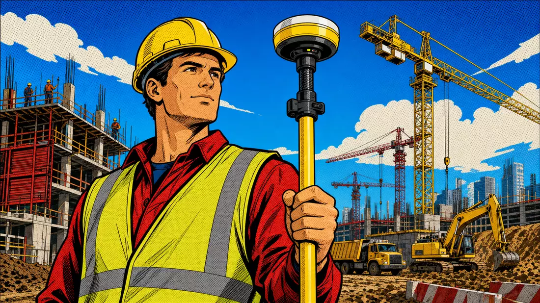 Pop-Art-Comic zeigt Vermesser mit gelbem GNSS-Messstab vor Baukränen und Skyline