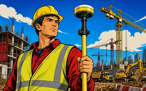 Trimble Inc. (US8962391058) im Pop-Art-Comicstil: selbstbewusster Vermesser mit gelbem GNSS-Messstab vor Baustellenkulisse - Foto: THN