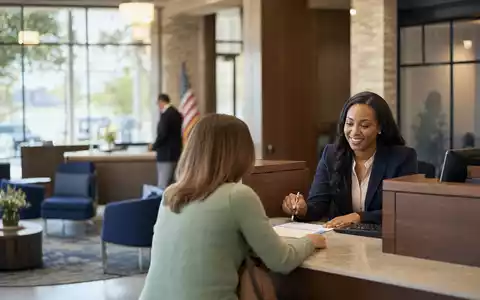 Fotorealistische Bankfiliale zeigt Truist Financial (US89832Q1094) mit Beraterin, Kundin und modernem Empfangstresen im Sonnenlicht - Foto: THN