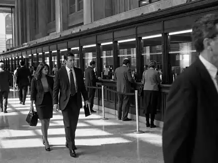 Schwarzweiß-Reportage dokumentiert Truist Financial (US89832Q1094) mit belebter Bankhalle, Angestellten und Kunden in Geschäftskleidung - Foto: THN