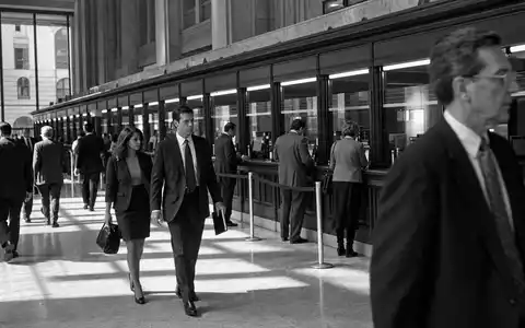 Schwarzweiß-Reportage dokumentiert Truist Financial (US89832Q1094) mit belebter Bankhalle, Angestellten und Kunden in Geschäftskleidung - Foto: THN