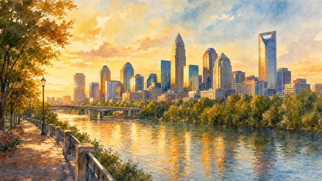 Aquarellbild einer Stadt-Skyline am Fluss im goldenen Abendlicht