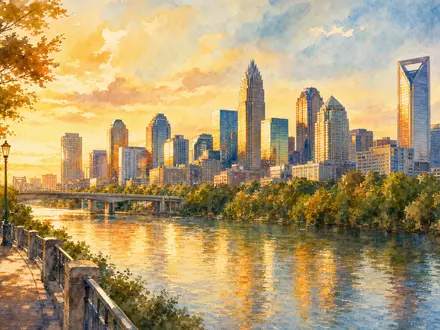 Aquarellmalerei illustriert Truist Financial (US89832Q1094) durch eine warme Skyline-Ansicht am Fluss bei Sonnenuntergang - Foto: THN