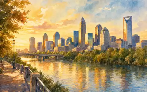 Aquarellmalerei illustriert Truist Financial (US89832Q1094) durch eine warme Skyline-Ansicht am Fluss bei Sonnenuntergang - Foto: THN