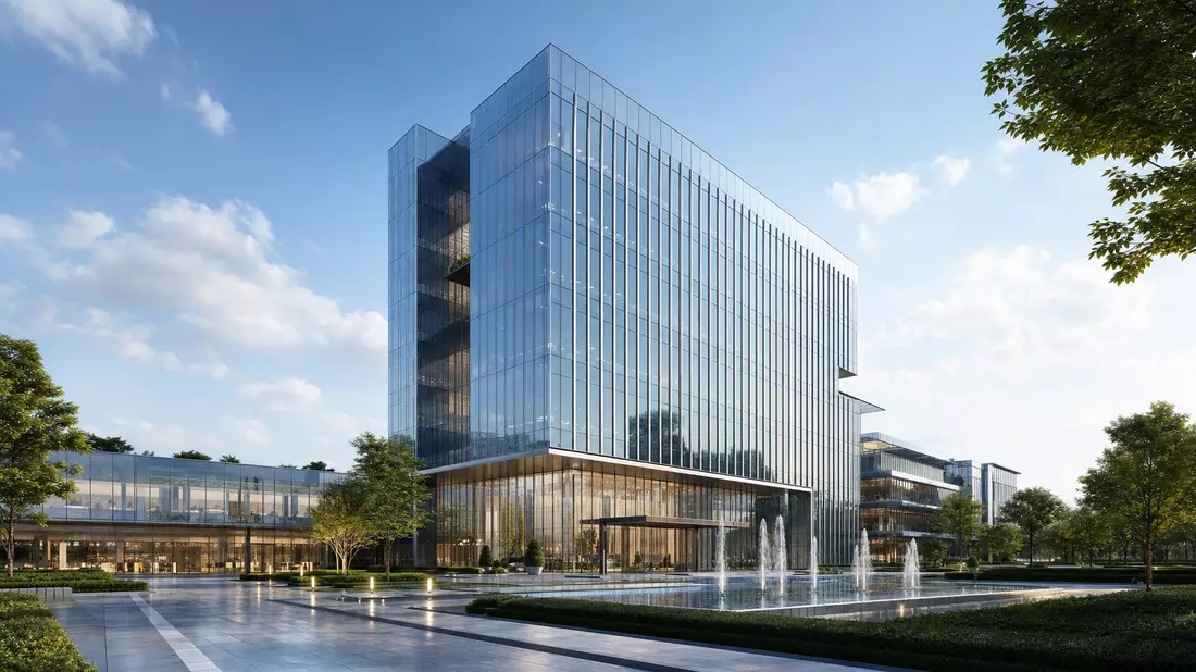 3D-Render eines modernen Glasbürogebäudes mit Plaza und Springbrunnen
