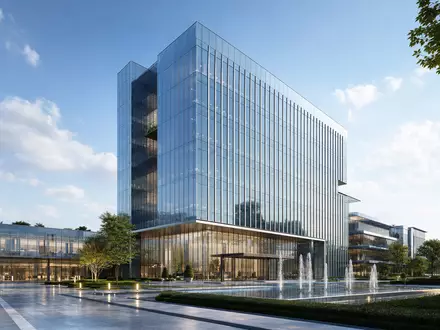 Architektur-Render visualisiert Truist Financial (US89832Q1094) als modernen Glasturm mit Plaza, Brunnen und begrĂŒnter Umgebung - Foto: THN